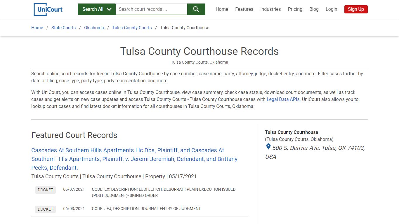 Tulsa County Courthouse Records | Tulsa | UniCourt